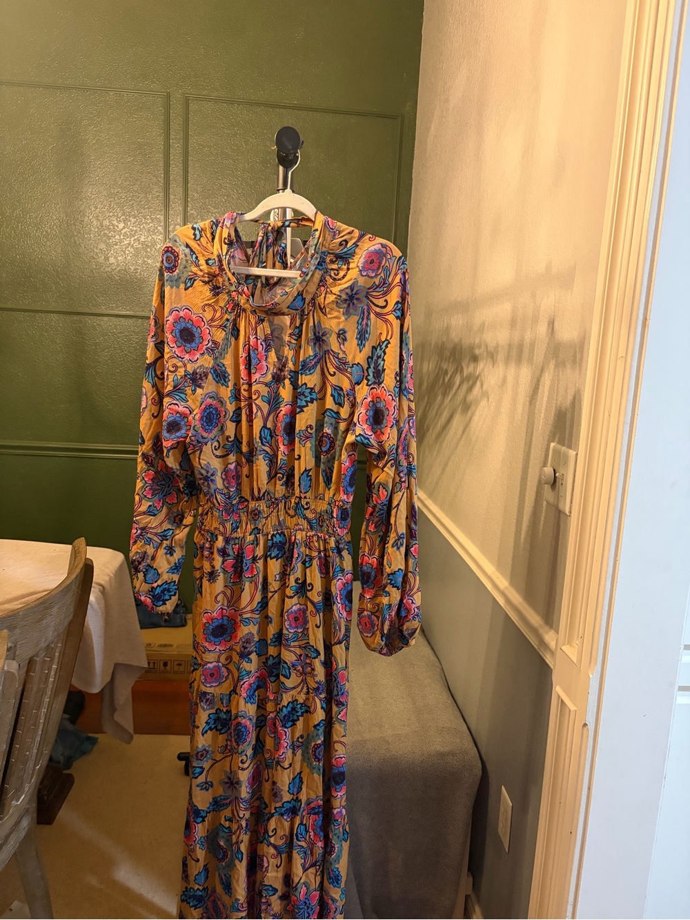 easel Mustard Floral Boho Maxi Dress with Blue & Pink Blooms